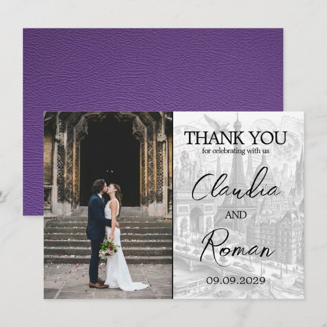 Carte De Remerciements Passeport Paris violet (Devant / Derrière)