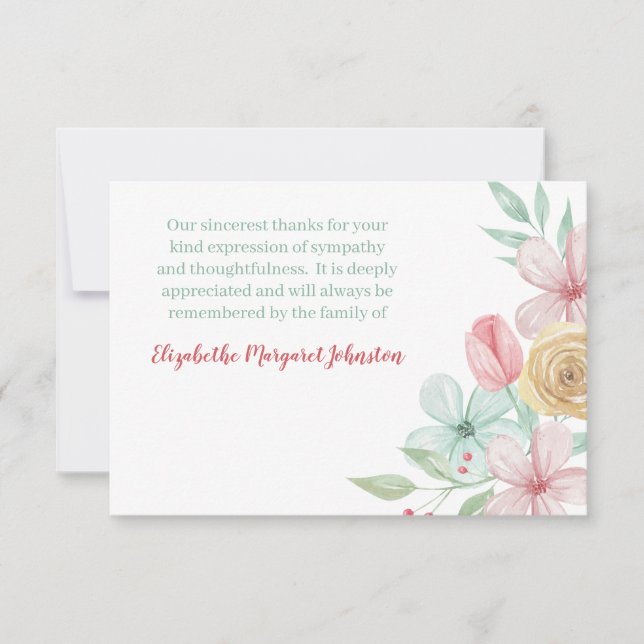 Carte De Remerciements Pastel Aquarelle Floral Funérailles Bereavement (Devant)