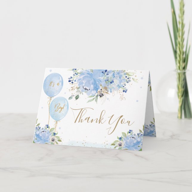 Carte De Remerciements Pastel Blue Floral Balloons Gold Boy Baby shower (Devant)