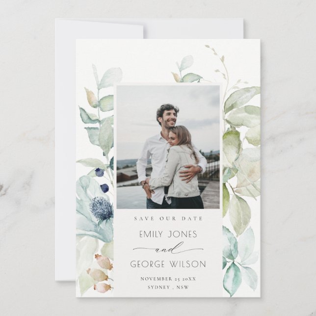 Carte De Remerciements Pastel Blue Green Foliage Enregistrer La Date Cart (Devant)