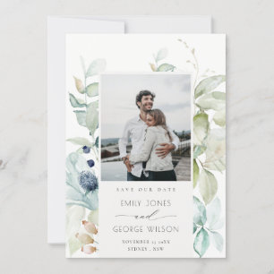 Carte De Remerciements Pastel Blue Green Foliage Enregistrer La Date Cart