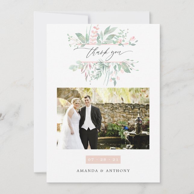 Carte De Remerciements Pastel Blush Greenery Mariage Photo Collage (Devant)