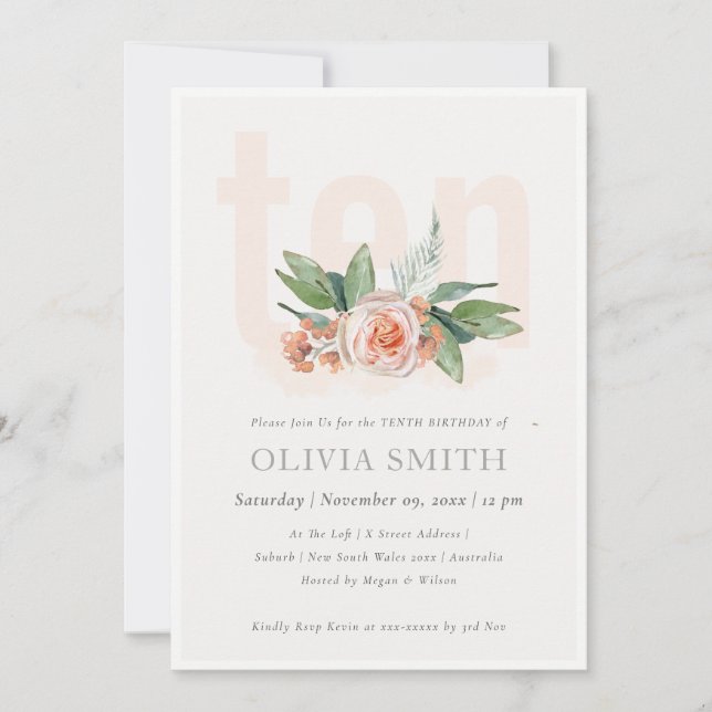 Carte De Remerciements Pastel Peach Rose Floral Bunch 10 Anniversaire Inv (Devant)