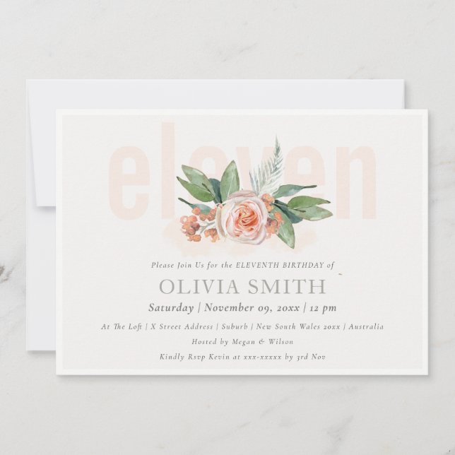 Carte De Remerciements Pastel Peach Rose Floral Bunch 11 Anniversaire Inv (Devant)