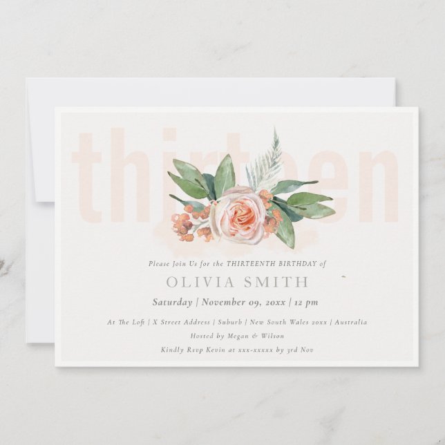Carte De Remerciements Pastel Peach Rose Floral Bunch 13 Anniversaire Inv (Devant)