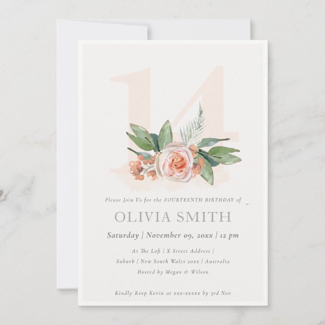 Carte De Remerciements Pastel Peach Rose Floral Bunch 14 Anniversaire Inv (Devant)