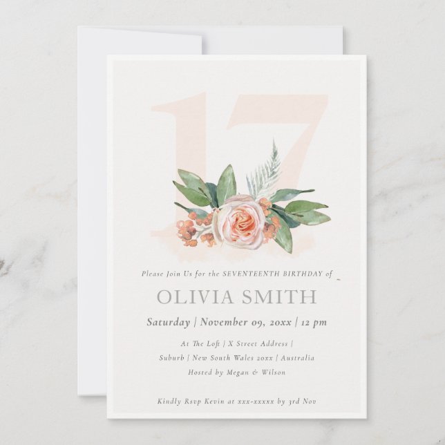 Carte De Remerciements Pastel Peach Rose Floral Bunch 17 Anniversaire Inv (Devant)