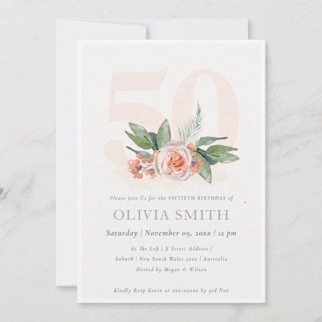 Carte De Remerciements Pastel Peach Rose Floral Bunch 50 Anniversaire Inv (Devant)