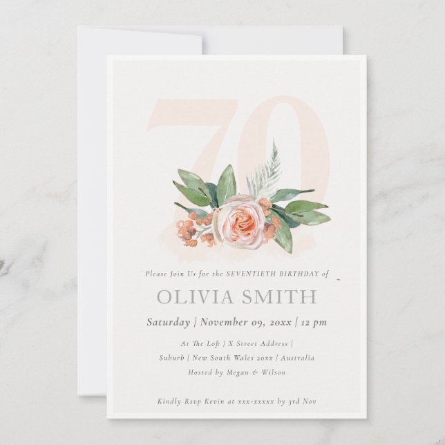 Carte De Remerciements Pastel Peach Rose Floral Bunch 70 Anniversaire Inv (Devant)