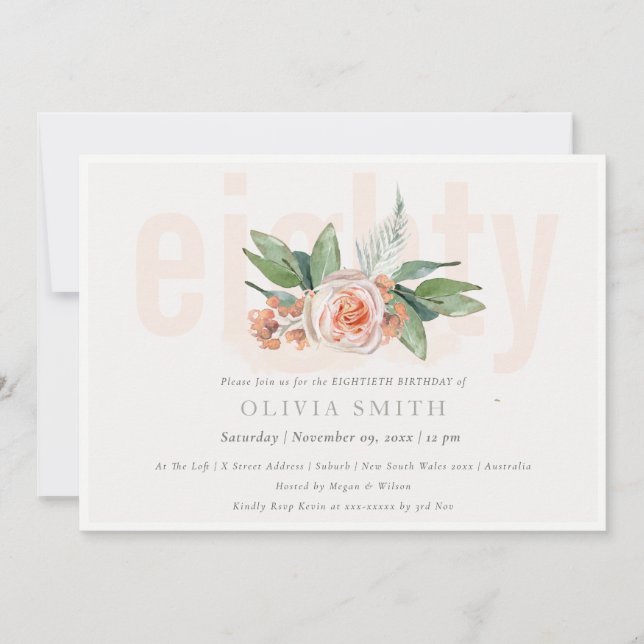 Carte De Remerciements Pastel Peach Rose Floral Bunch 80 Anniversaire Inv (Devant)
