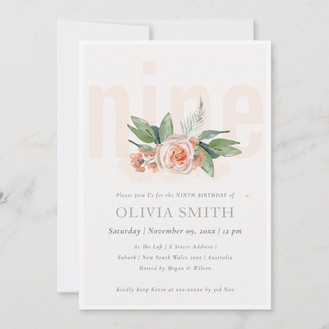 Carte De Remerciements Pastel Peach Rose Floral Bunch 9e Anniversaire Inv (Devant)