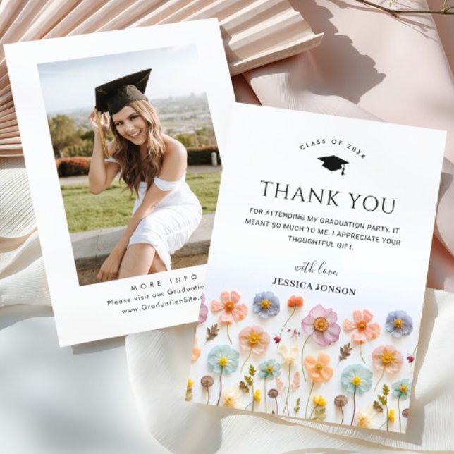 Carte De Remerciements Pastel Pink Boho Fleur sauvage PHOTO Graduation (Créateur téléchargé)