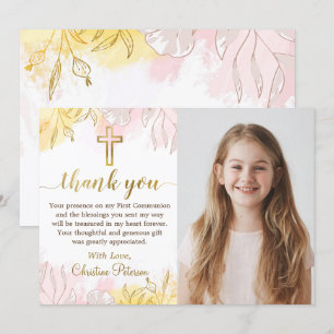 Carte De Remerciements Pastel Pink Gold Floral Première Communion Photo