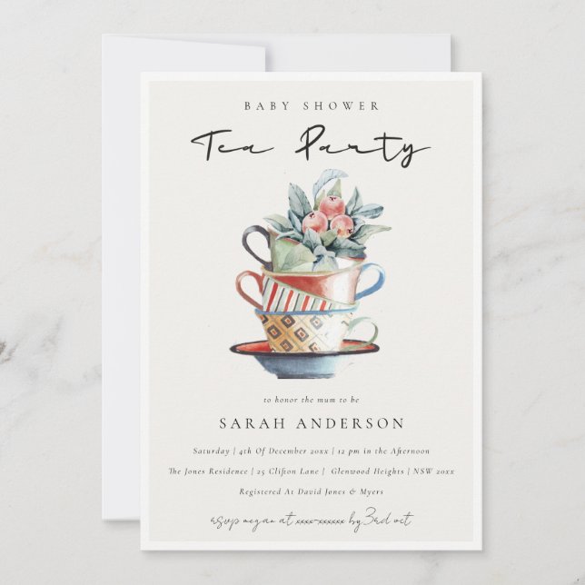 Carte De Remerciements Pastel tasses empilées Baby shower Tea Party Invit (Devant)