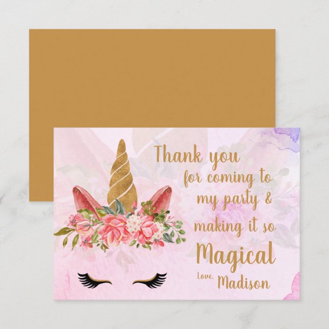 Carte De Remerciements Pâte Rose Jolie Licorne Fleurie Anniversaire (Devant / Derrière)