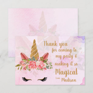 Carte De Remerciements Pâte Rose Jolie Licorne Fleurie Anniversaire