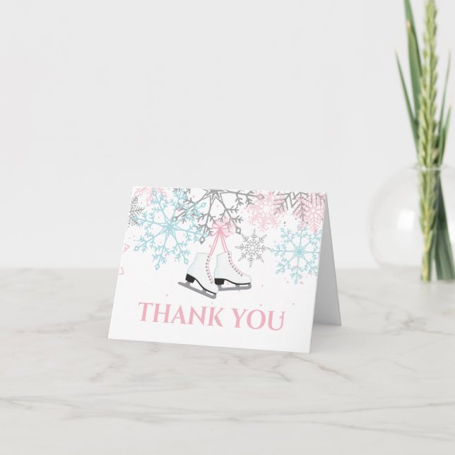 Carte De Remerciements Patinage sur glace Anniversaire Pink Blue Snowflak (Devant)