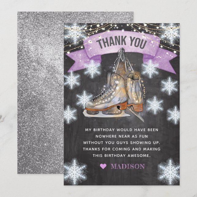 Carte De Remerciements Patineuse de glace Parties scintillant d'anniversa (Devant / Derrière)