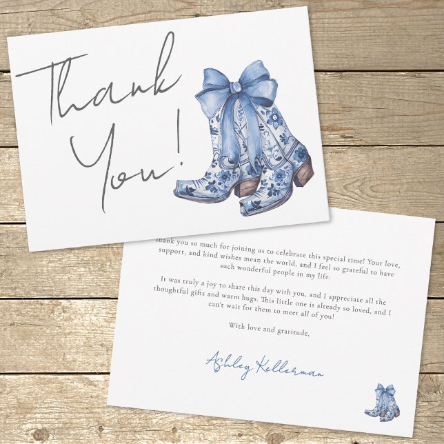 Carte De Remerciements Pays Bleu Bow Cowboy Fête des mariées (Country Blue Bow Cowboy Bridal Shower Thank You Card)