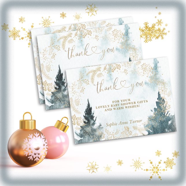 Carte De Remerciements Paysage d'hiver Baby shower d'or Calligraphie (Créateur téléchargé)