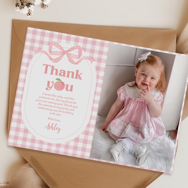 Carte De Remerciements Peach En vichy rose Premier anniversaire Photo (Créateur téléchargé)