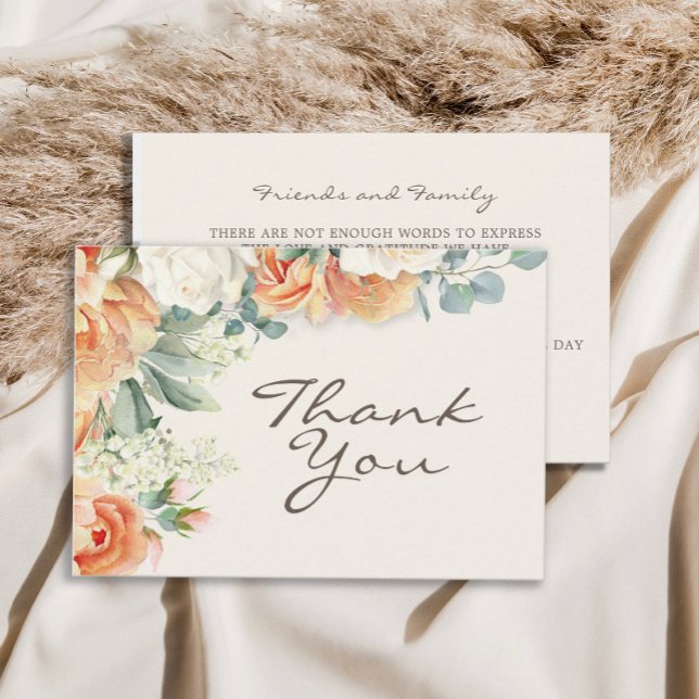 Carte De Remerciements Peach White Aquarelle Florale Eucalyptus Mariage (Peach and white watercolor floral with sage green eucalyptus leaves wedding Thank You card)