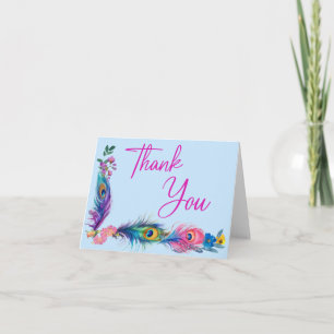 Carte De Remerciements Peacock Feathers & Fleurs Quinceañera Baby Blue