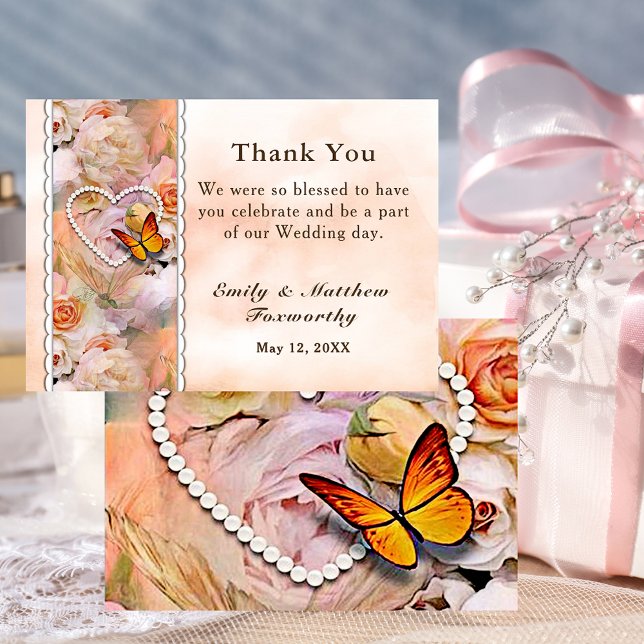 Carte De Remerciements Pearl Heart Orange rose Roses Mariage papillon (Pearl Heart Orange Pink Roses Butterfly Wedding Thank You Card)