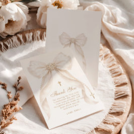 Carte De Remerciements Pearls Gold Bow Girl Baptism Religious