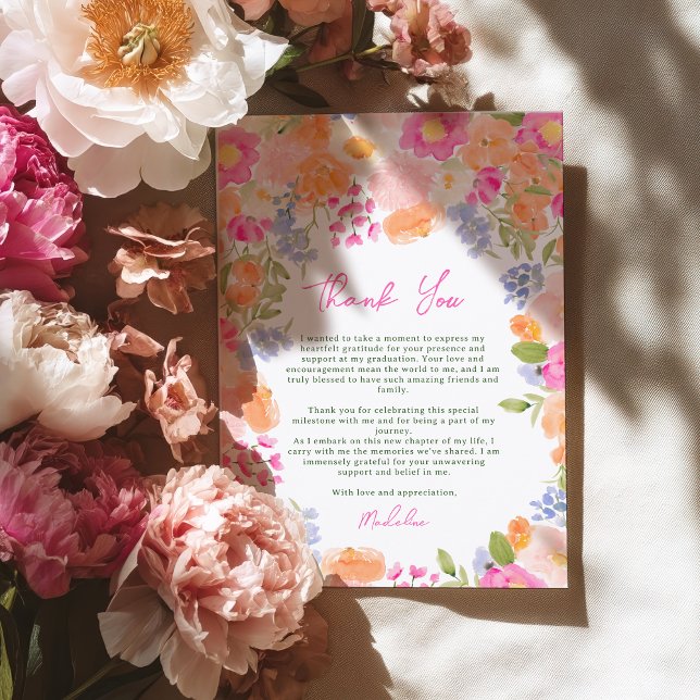 Carte De Remerciements Pêche de saumons boho moderne et graduation floral (Modern Boho Peach and Pink Floral Graduation Thank You Card)