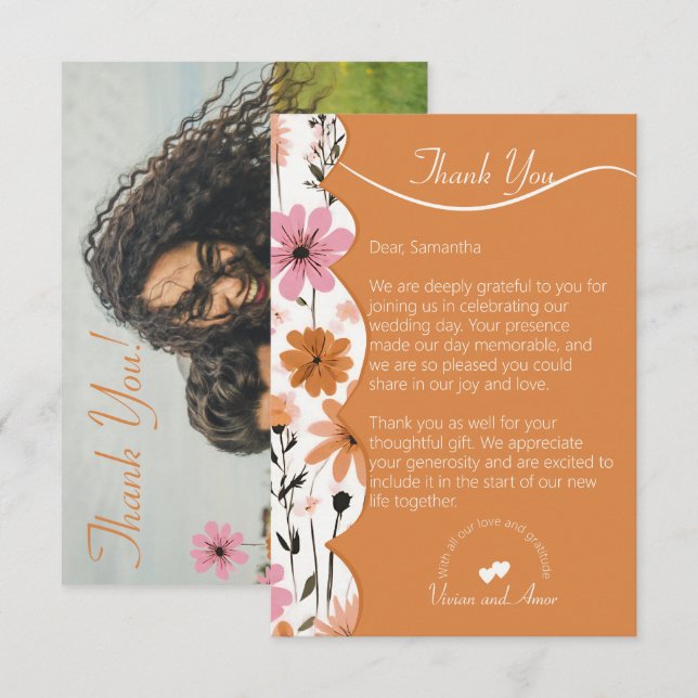 Carte De Remerciements Pêche floral arder et Mariage orange brûlé (Devant / Derrière)