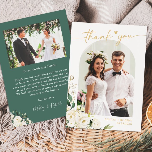 Carte De Remerciements Peine blanche verdure Arc floral Mariage Photo (Créateur téléchargé)