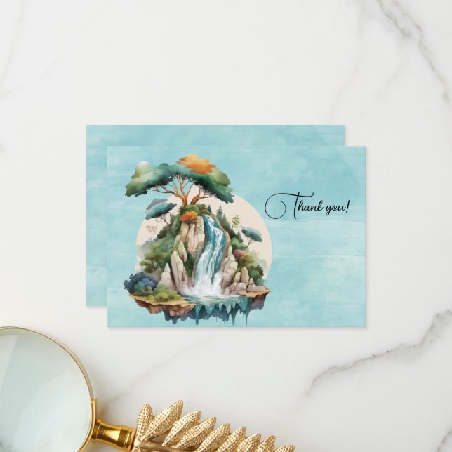 Carte De Remerciements Peinture aquarelle de cascade (Devant/Arrière en situation)