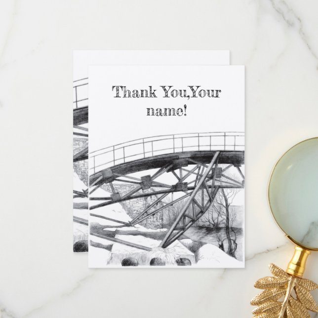 Carte De Remerciements Pencilart de passerelle antique Monochrome (Devant/Arrière en situation)