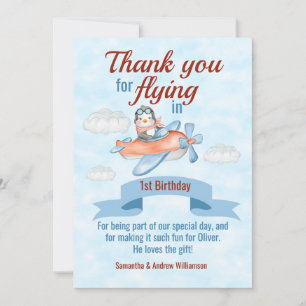 Carte De Remerciements Penguin Avion bleu 1er anniversaire