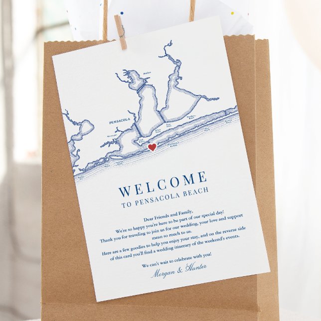 Carte De Remerciements Pensacola Beach Floride Mariage Bienvenue Itinérai (Pensacola Beach Florida Wedding Weekend Itinerary card and Welcome Letter in navy blue)