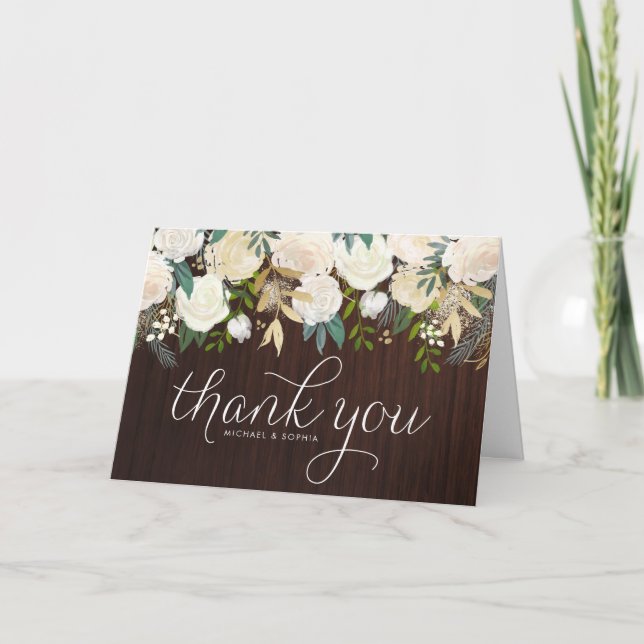 Carte De Remerciements Peonies d'ivoire de bois rustique et Mariage de Pa (Devant)