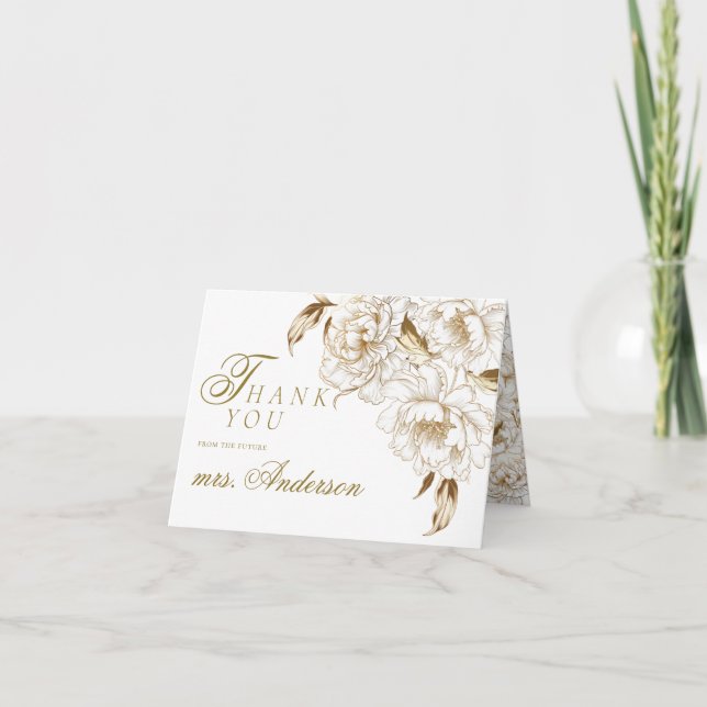 Carte De Remerciements Peonies florales Blanc Golden Elegant Fête des mar (Devant)