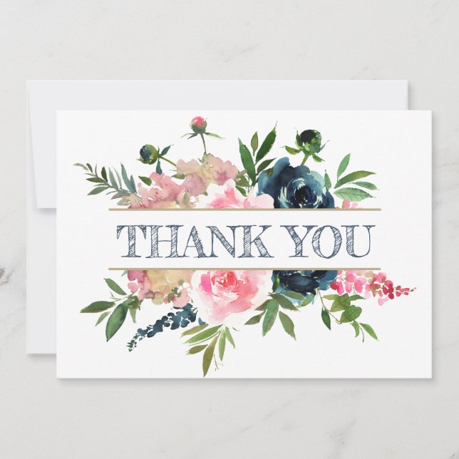 Carte De Remerciements Peonies Rose rose et marine Mariage aquarelle (Devant)