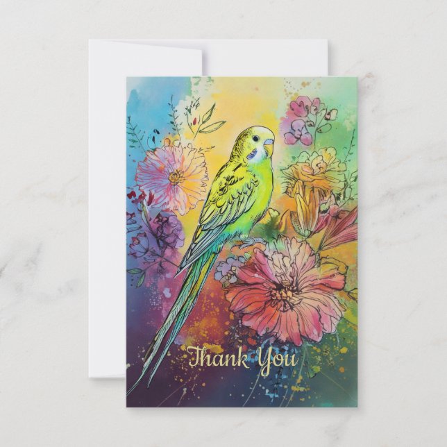 Carte De Remerciements Perruche et fleurs (Devant)