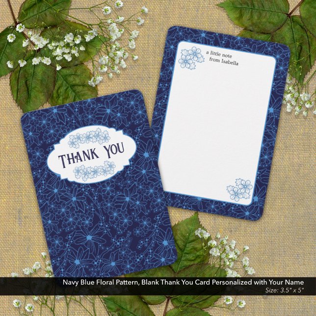 Carte De Remerciements Personalized Name Navy Blue Floral Pattern, Blank (Navy Blue Floral Pattern, Blank Thank You Card Personalized with Your Name )