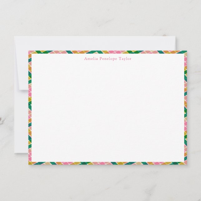 Carte De Remerciements Personalized Name Preppy Pink Green Plaid Border (Devant)