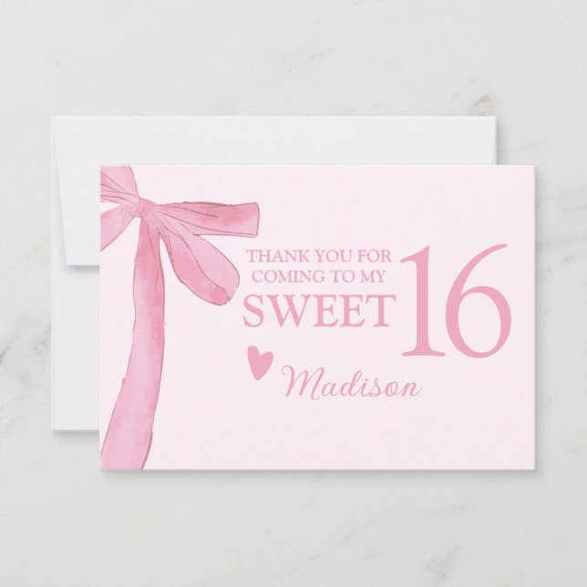 Carte De Remerciements Personalized Sweet 16 Birthday Coquette Pink Bow  (Devant)