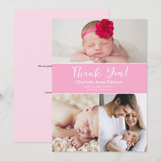 Carte De Remerciements Personnalisé Photos multiples Soft Rose Baby Girl  (Devant / Derrière)