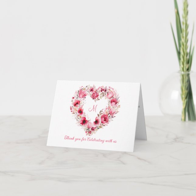 Carte De Remerciements Personnalisé rose rouge Mariage de coeur floral (Devant)
