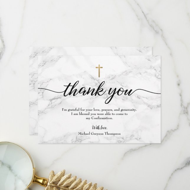 Carte De Remerciements Personnaliser garçon Confirmation Marble Gold cros (Devant/Arrière en situation)
