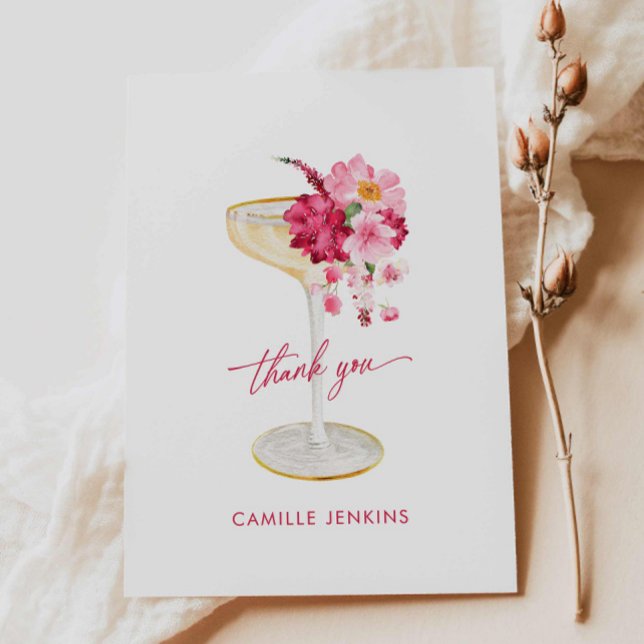 Carte De Remerciements Pétales et Fêtes des mariées roses du ministère pu (Petals and Prosecco Bridal Shower Pink floral thank you card)