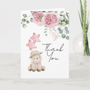 Carte De Remerciements Petit Agneau rose doux Roses vert photo