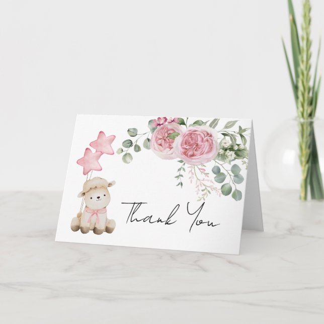 Carte De Remerciements Petit Agneau rose doux Roses vert photo (Devant)