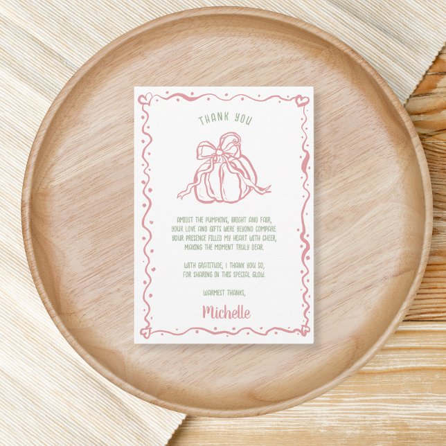 Carte De Remerciements Petit Baby shower Citrouille à main unique (hand drawn pink pumpkin with a bow)